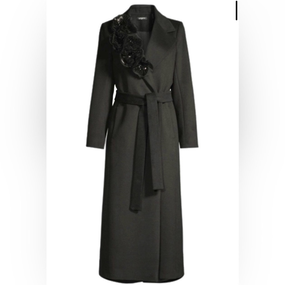 NWT UNGARO WOMEN'S CODY FLORAL EMBELLISHED WRAP COAT IN BLACK 55% WOOL